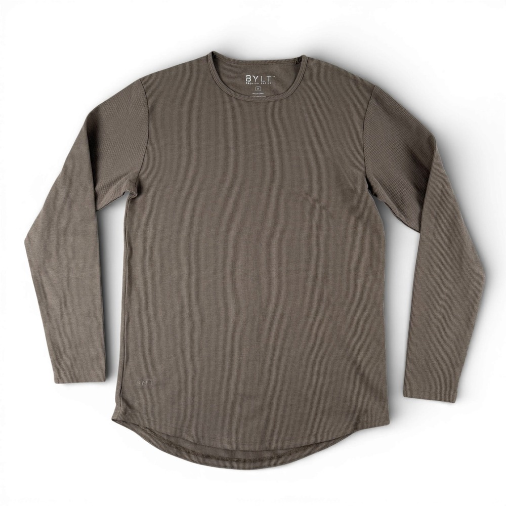 BYLT Premium Basics Shirt Men M Brown Long Sleeve Crewneck Curve Hem Waffle Knit
